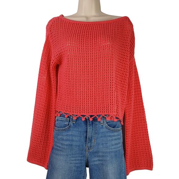 TULAROSA x Revolve SZ XS Pink Open Knit Boat Neck Sweater With Pom Pom Fringe - Picture 2 of 6